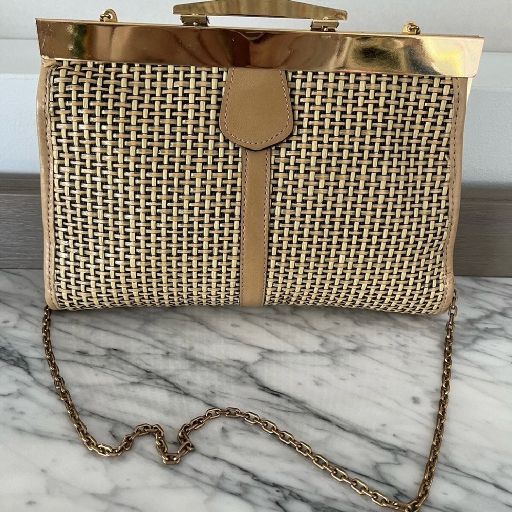 Letisse Brown Wicker Leather Purse Bag Clutch Gold Chain Frame Vintage 70s 80s